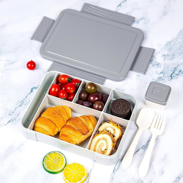 Barnlunchbox med fack  1330 ml lunchbox för barn  läckagesäker mellanmålslåda med 6 fack bestick mikrovågsugnssäker (Grad)