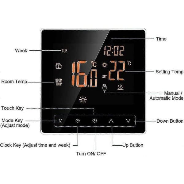Smart termostat, programmerbar digital rumstermostat med LCD-pekskärm och kontrollapp, elektrisk väggtermostat med intern sensor/golvsensor
