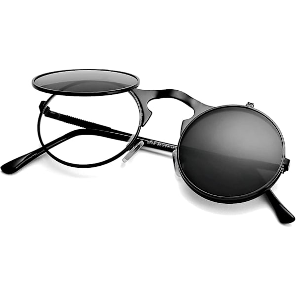 Pyöreät kääntyvät aurinkolasit miehille ja naisille - John Lennon -lasit 90-luvun retro steampunk -tyyli A2 Black-Grey