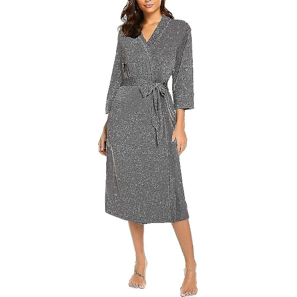Dam lätt bomull stickad V-ringning lång kimono morgonrock badrock mjuk sovkläder loungewear morgonrock för kvinnor (blommig grå XL)