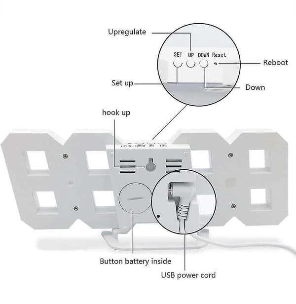 3D LED Digital Stor Veggklokke