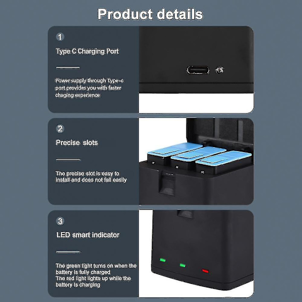 3 stk 1800mAh batteri + 3-spor lader med USB-port, kompatibel med GoPro Hero 12/11/10/9