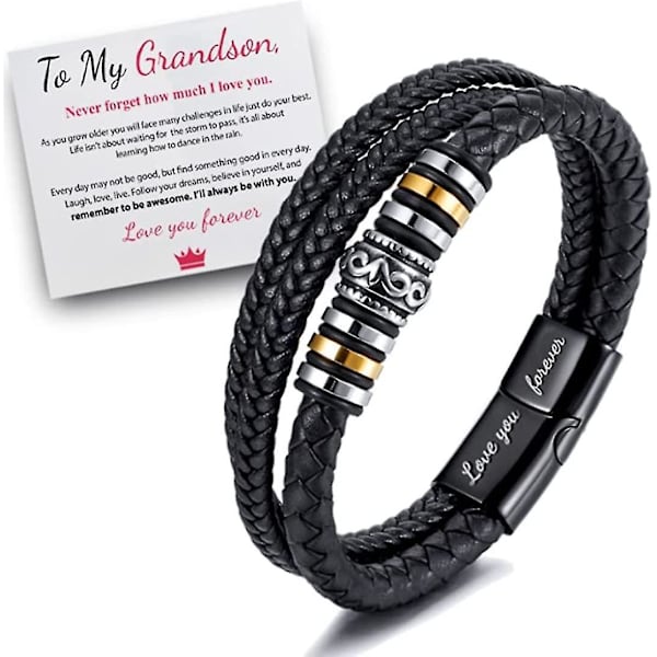Til Min Søn/Til Min Grandson - \"Jeg Vil Altid Være Med Dig\" Flettet Læderarmbånd Til Mænd, Rustfrit Stål Inspirerende Armbånd, Mænds Flettet Læder