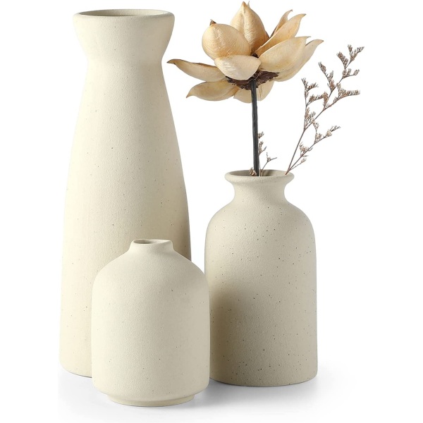 Beige Keramisk Vase Sæt-3 Små Blomster Vaser til Dekoration