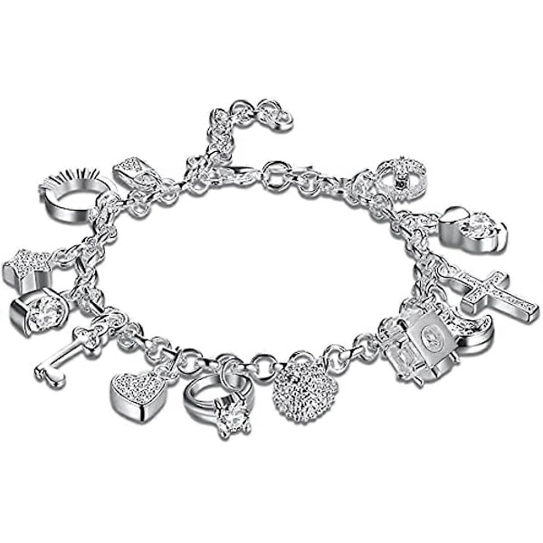 Armband 925 Sterling Silver Armband med Flera Berlocker Zirkon Armband för Kvinnor Fest Charm Smycken Present