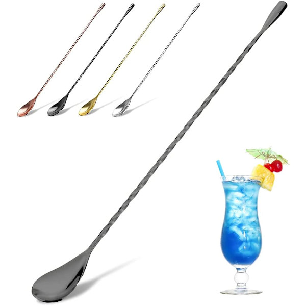 Cocktail Ske, Rustfrit Stål Bar Teske Lang Skaft Cocktail Shaker Spiral Design Perfekt til Omrøring og Lagdeling af Drikke (Sort) black