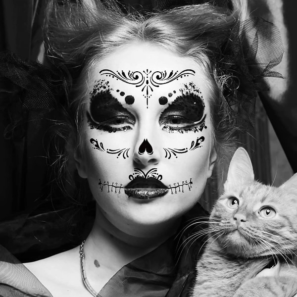 8 Pack Day Of The Dead Sugar Skull Face Midlertidig tatovering Halloween Makeup Tatoveringsklistremerker til Halloween Maskerade Party