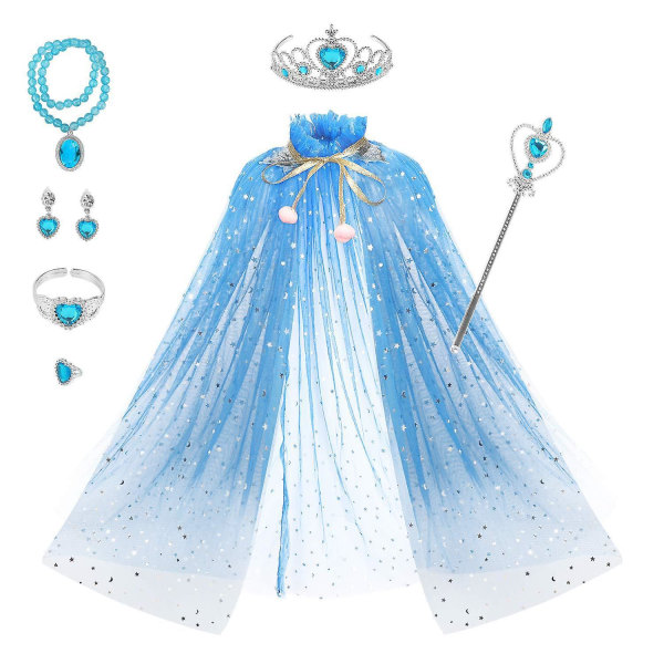 Cape sæt 7 dele piger prinsesse kappe med tiara krone, tryllestav til små piger kjole opblå