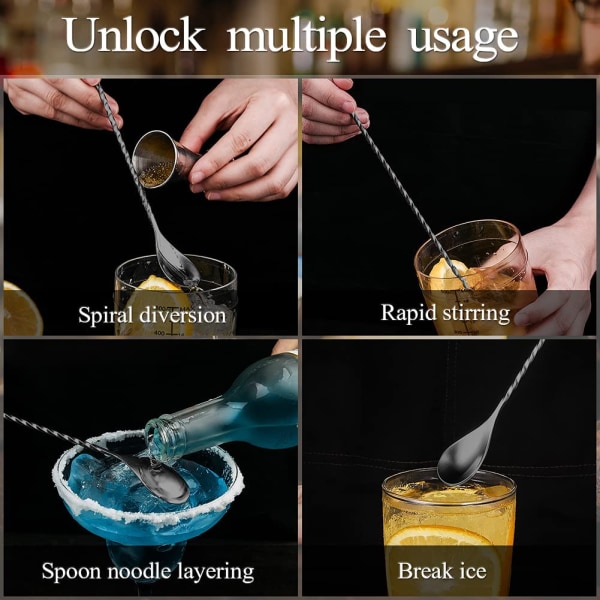 Cocktail Ske, Rustfrit Stål Bar Teske Lang Skaft Cocktail Shaker Spiral Design Perfekt til Omrøring og Lagdeling af Drikke (Sort) black