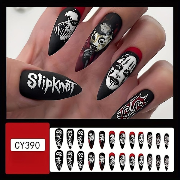 24 stk Matte Lange Stiletto Falske Negler, Svart Rød Trykk På Negler Med Skummel Spøkelsesansikt Design, Mystiske Falske Negler For Kvinner Jenter Halloween Negl Dekor