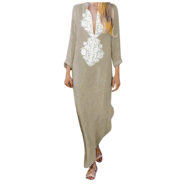 Dame Trykt Langærmet V-hals Kjole Split Hem Baggy Kaftan Lang Kjole Khaki XL