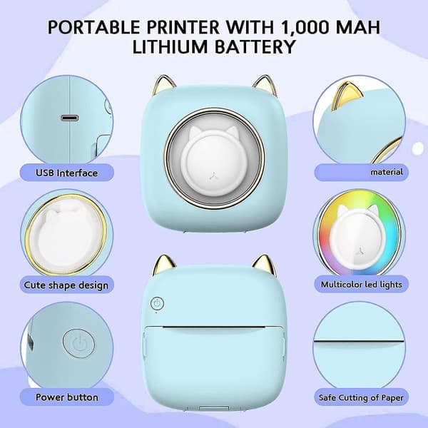 Mini lommeprinter, bærbar termisk printer med LED, Bluetooth-blækfri printergave til børn, USA