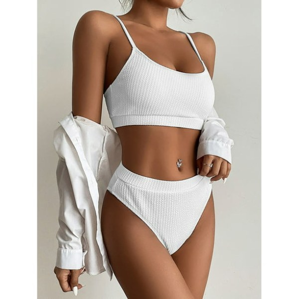 Kvinners høytlivsde ribbestrikket camisole bikini badedrakt hvit XL-US16 White XL