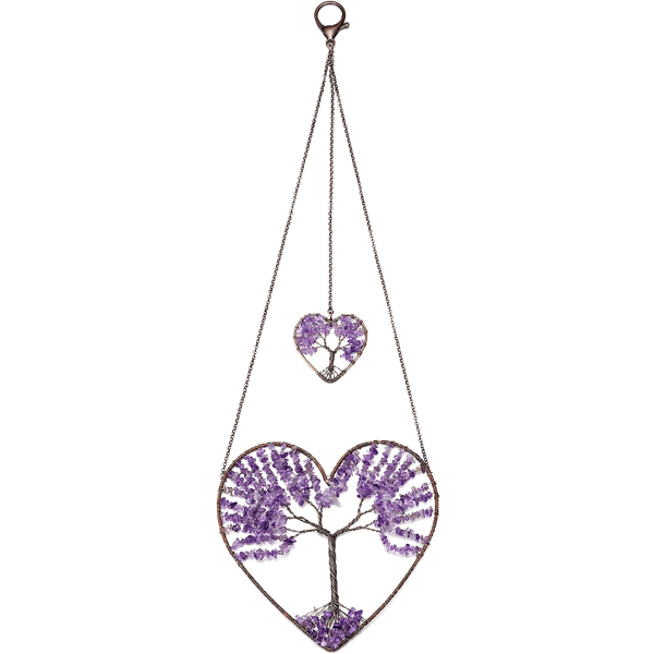 Hjärta Ametist Healing Kristall Livets Träd Hängande Ornament Tråd Kvarts Ädelsten Vägghängande Hemkontor Fönsterdekoration Meditation Balans 2