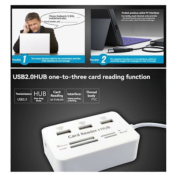 7 i 1 USB 2.0 HUB Kortläsare Combo Höghastighets Extern Minneskortläsare Surfplatta Laddning Förlängningsdocka