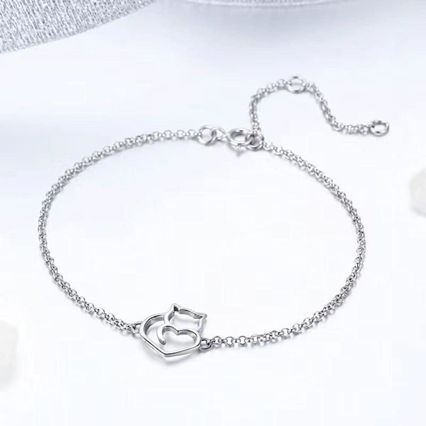 925 Sterling hopea naisten rannekoru tytöille ja naisille, kissakuvio (hopea) silver