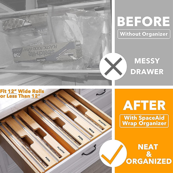 3 i 1 foliehållare med skärare och etiketter, plastfolie, aluminiumfolie och vaxpappersdispenser (naturlig)