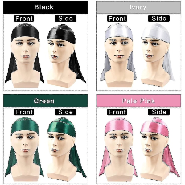 4 stk. Silky Durags, Silke Durag til mænd og kvinder Waves, Silke Durag Pakke Wit