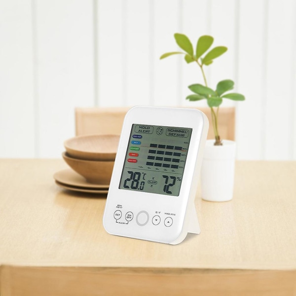 Muggalarm digitalt hygrometer termometer med muggalarm og LCD-skjerm berøringsskjerm innendørs termometer og hygrometer 5-trinns skala