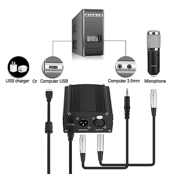 Bærbar 1-kanals 48v USB Phantom Power USB-kabel XLR 3-bens mikrofonkabel til alle kondensatormikrofoner tilbehør