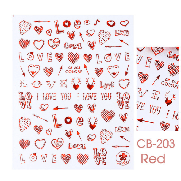 8 ark Valentines Nail Art Stickers Decals Selvklæbende rødt hjerte N