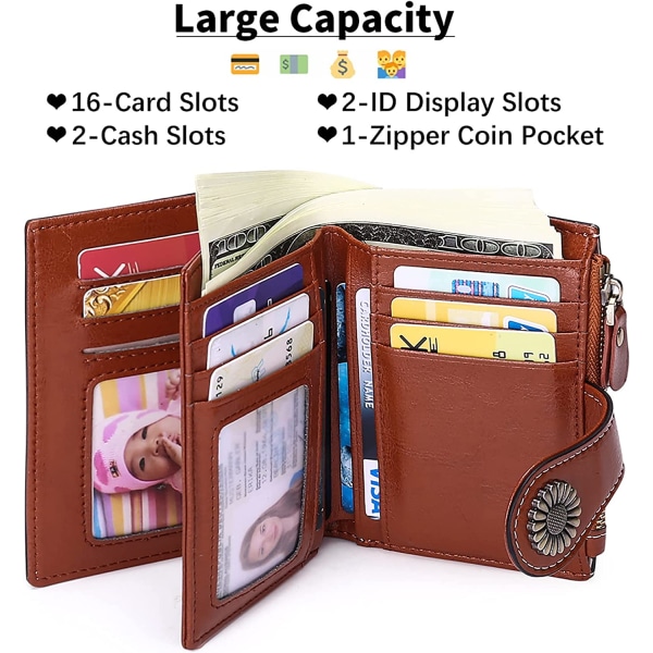 Dame-lommebok myntlommebok for kvinner med kort klipping av maling for kvinner med glidelås, med 16 kortspor anti-RFID-lommebøker (retrobrun)