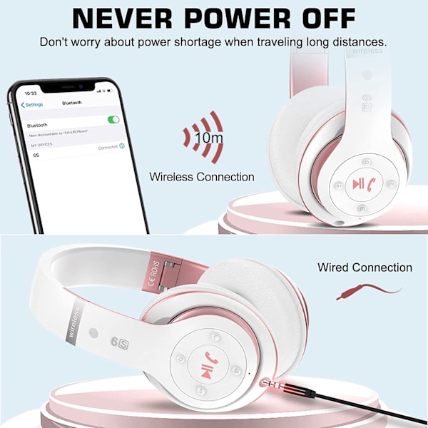 6S trådløse hovedtelefoner over øret, [40 timers spilletid] Hi-Fi stereo foldbare trådløse stereohovedtelefoner med indbygget mikrofon, lydstyrkekontrol