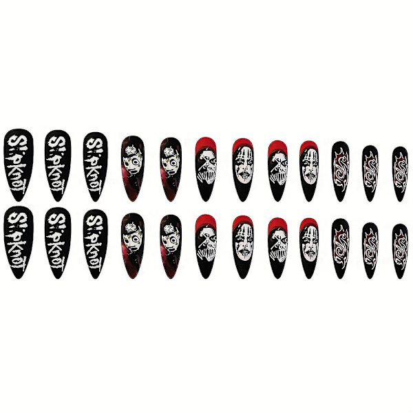 24 stk Matte Lange Stiletto Falske Negler, Svart Rød Trykk På Negler Med Skummel Spøkelsesansikt Design, Mystiske Falske Negler For Kvinner Jenter Halloween Negl Dekor