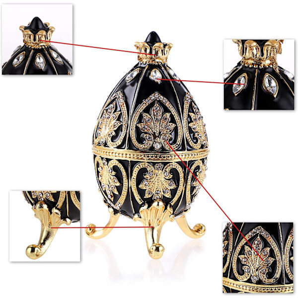 Emaljeret Fabergé æg, dekorativ hængslet smykkeskrin med funklende rhinsten, unik gave/pynt til hjemmet, kommode, fødselsdagsfest (sort) black