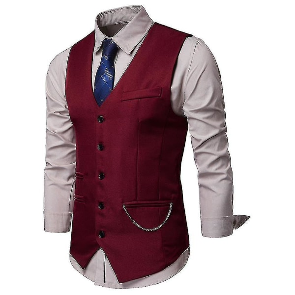 Mænds V-hals Vest Single Breasted Slim Fit Mode Vest Claret 2XL