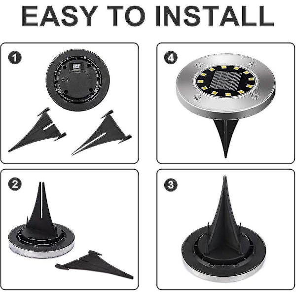 Solcellsmarklampor - 12 LED, 8 st, Rostfritt Stål, Vita Trädgårdslampor för Utomhus, Patio, Gräsmatta, Gräs, Gångväg - Vattentät