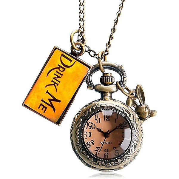 Alice In Wonderland Themed 3d Bronze Effect Women's Quartz Pocket Watch Necklace - On 32" Inch / 80cm Chain