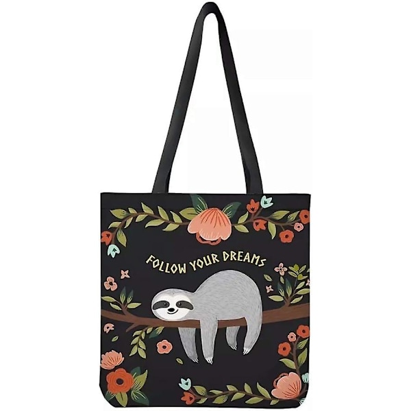 Søt dovendyr blomst trykk lerret tote bag følg drømmene dine dagligvare håndveske casual skole bomull handlepose skulderpose for kvinner jenter gaver, svart