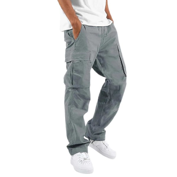 Menn Comfy Workwear Bomull Lin Multi-pocket Casual Løs Baggy Long Cargo Pants Grey XL
