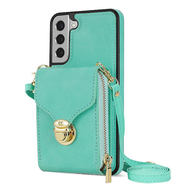 Til Samsung Galaxy S22 5G PU +TPU Kortholder Etui Kickstand Lynlås Telefon Cover med Crossbody Rem Mint Green