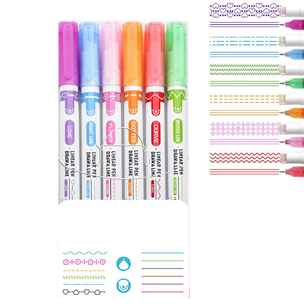 Curve Highlighter Pen Set, 6 st Flownwing Flair-pennor med 6 olika böjda fina spetsar, färgade kurvpennor hantverkspennor för Scrapbook Journaling Su