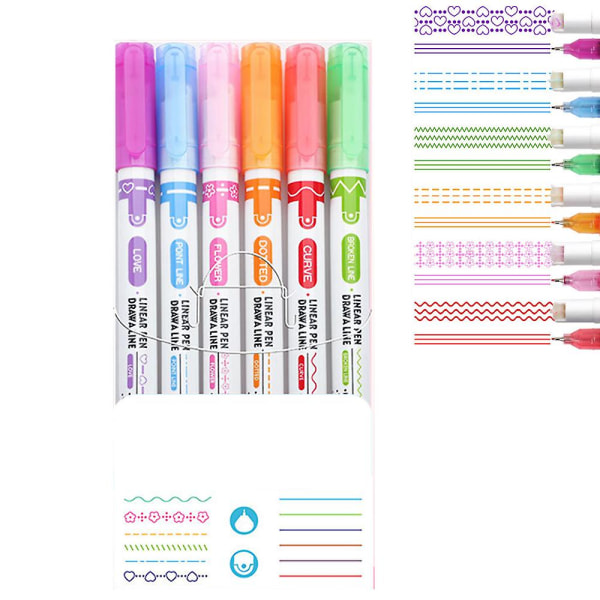 Curve Highlighter-pennesett, 6 stk. Flownwing Flair-penner med 6 forskjellige kurveform Fine tips, fargede kurvepenner Craft-penner For Scrapbook Journaling Su