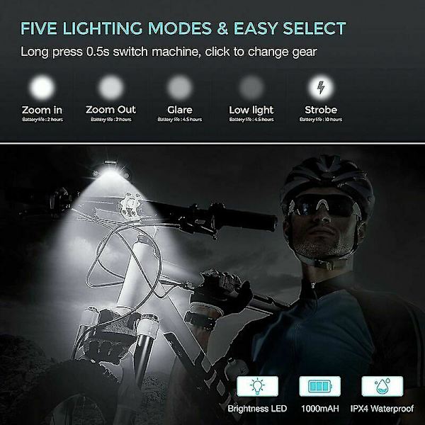 1000 Lumenin USB-ladattava pyörävalosarja, erittäin kirkas 3 LED-pyöräetuvalo IPX5 vedenkestävä pyörän turvavalo 360 asteen kierto