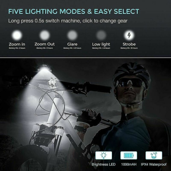 1000 Lumens Usb oppladbart sykkellyssett, Super Bright 3 Led sykkelhodelykt Ipx5 vanntett sykkelsikkerhetslommelykt 360 grader DR