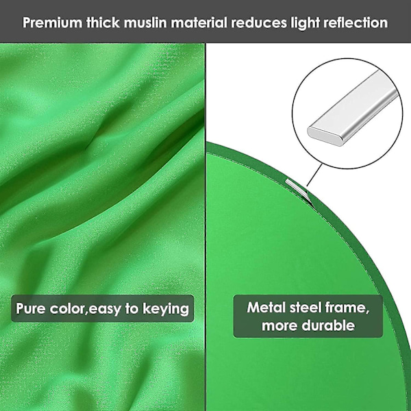 Vihreä taustakangas, vihreä taustatuoli, taitettava kannettava web-kameran tausta Chroma Key Green videopuheluille Zoomille (halkaisija 75 cm)