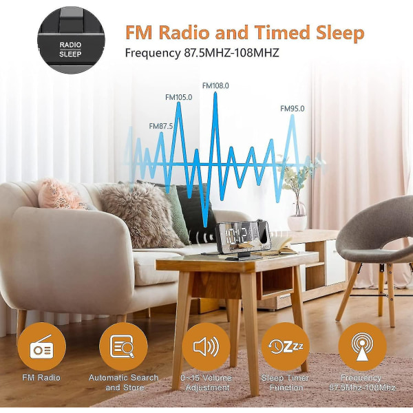 Vekkerklokke Projektor Takradio Vekkerklokke Med Led Speil Skjerm Usb Lading Port Snooze Funksjon Dobbel Alarm Digital Klokke For Soverom, Kjøkken