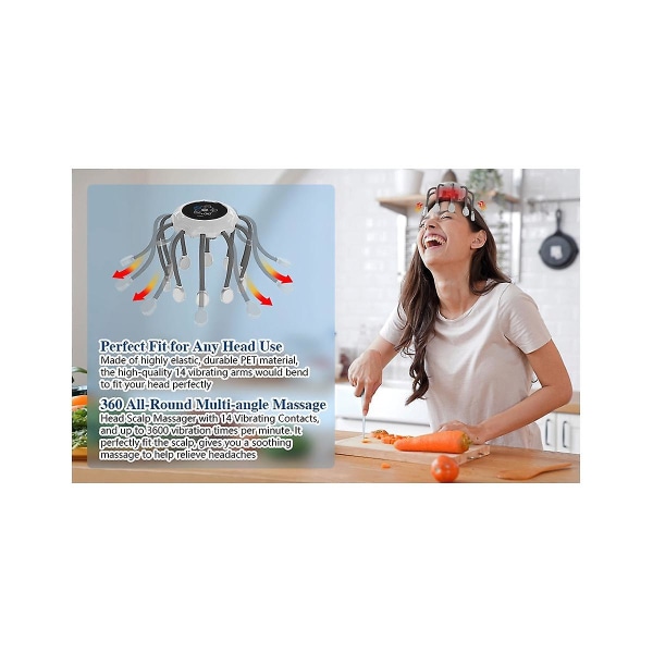 Elektrisk hodemassasjeapparat Blekksprut Hodebunnsmassasje Musikk 5 moduser 14 vibrerende kontakter Rødt lysterapi