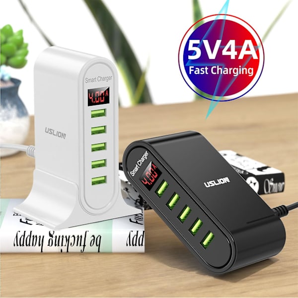 5-porters USB-lader LED-skjerm Multi USB 5v 4a Hurtigladestasjon Universal