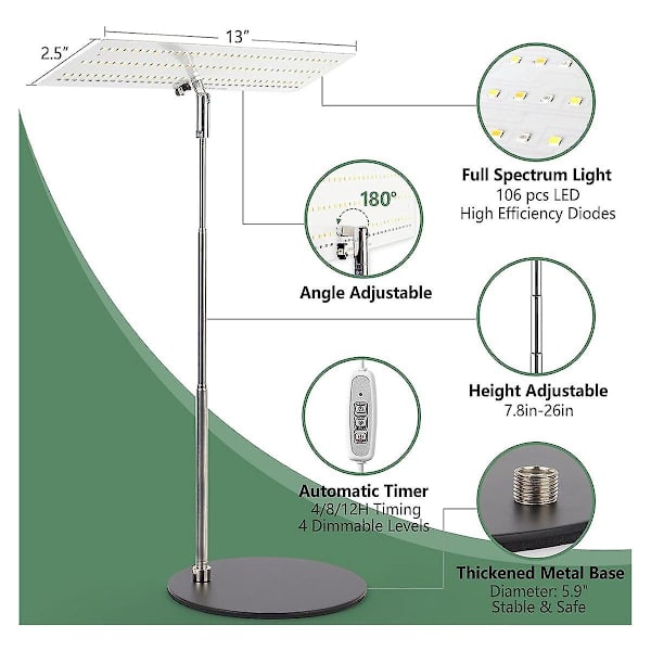 Grolampe, Full Spectrum Led Plantelys for Planter, Høydejusterbar Vekstlampe med Auto På/av