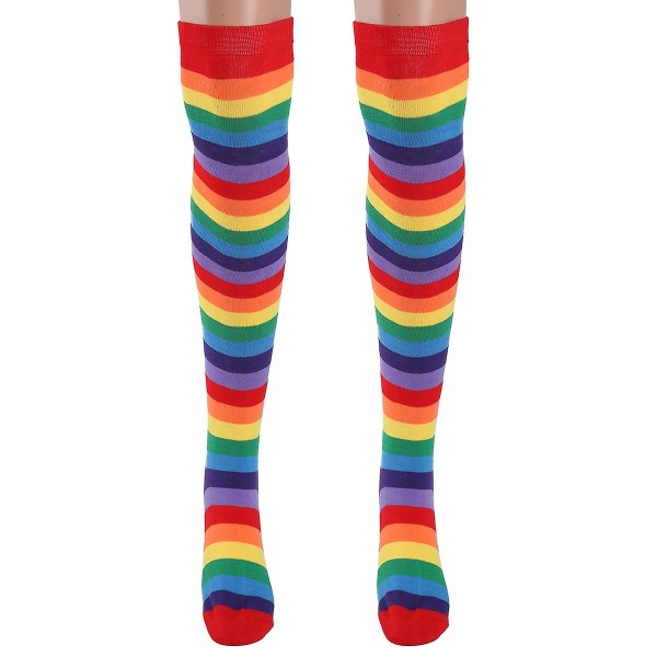 Värikkäät sateenkaaren raidalliset sukat polven päällä Klovni-raidallinen puku korkeat sukat Cosplay Partiin
