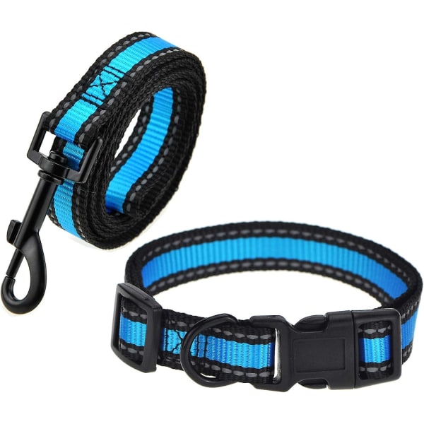 Hundkoppel, halsband Combo Pack | Blå| Reflekterande 3 m band med nylon | (blå 2-pack koppelkrage, Medium Neck 14"-19" -40 Lb)