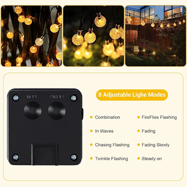 Solcellelyskjede utendørs, AISUTHA 8M 40 LED solcelle, 8 moduser krystallkuler, solcelle vanntett IP65 utendørslyskjede solcelle for hage, terrasse, balkong