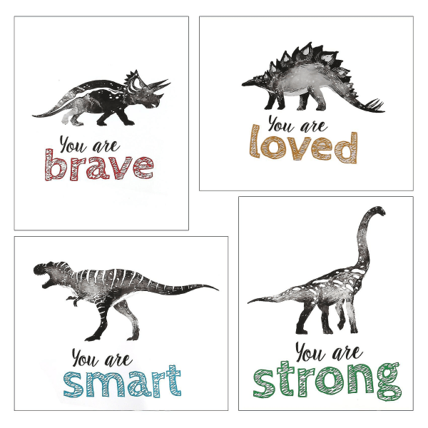 4 stk Dinosaur veggkunst for små gutter rom, baby barnehage plakater, motiverende lekerom for barn Dino