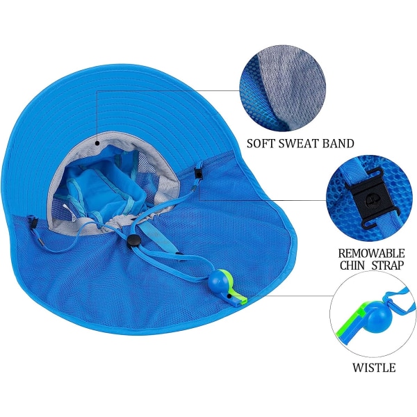 Solhatt for barn UPF 50+ Beskyttende hatt for gutter og jenter Bredbremmet strandhatt med netting og justerbar hakestropp