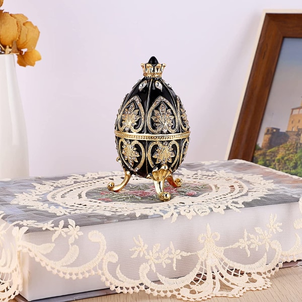 Emaljert Fabergé-egg, dekorativ smykkeskrin med hengslet lokk og glitrende rhinestones, unik gave/pynt til hjemmet, kommode, bursdagsfest (svart) black